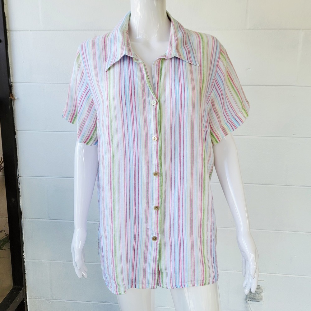 Avenue Button-Down Shirt Women US 18/20 Pastel Striped Linen Casual Coastal Chic